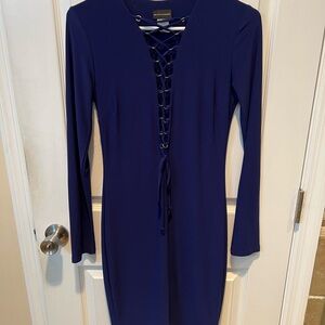 Elegant Navy Lace-Up Long Sleeve Dress